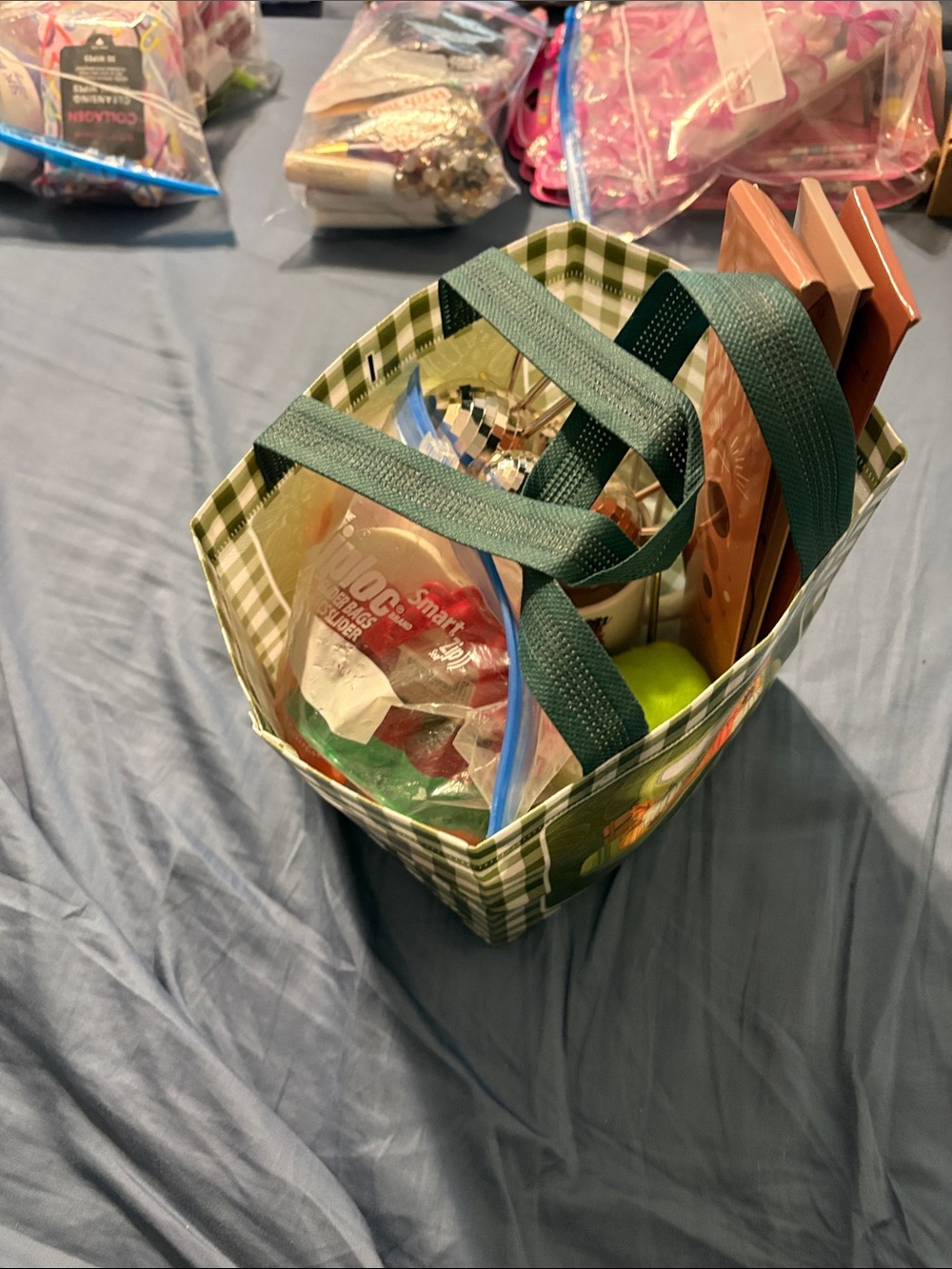 Green Plaid Reusable Gift Tote with Halloween items!! Coffee cup, candle, etc